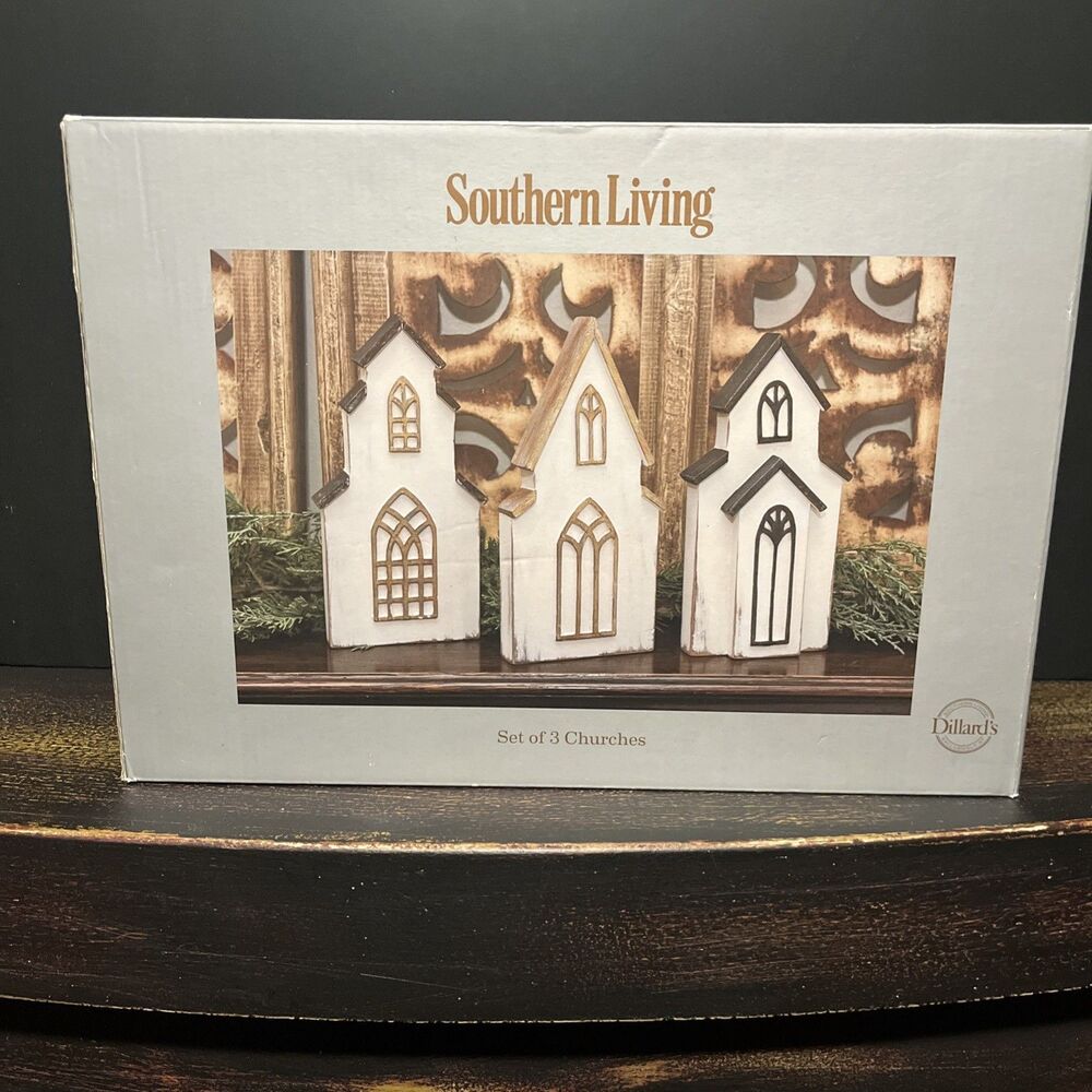 Southern Living Set Of Three Churches Christmas Decor Resin And Tin New In Box